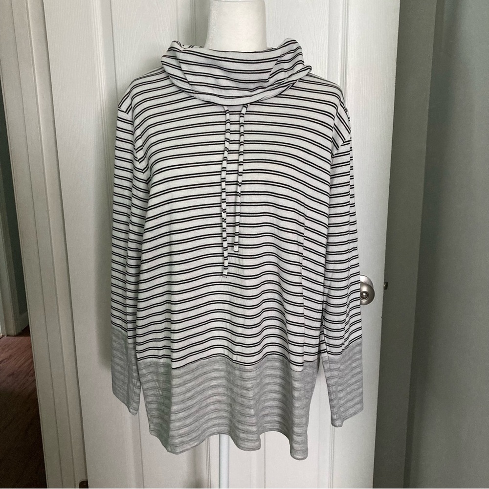 Lane Bryant White and Black Striped Cowl-Neck Long Sleeve Pullover Top